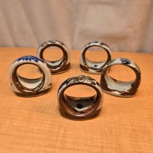 Set of 5‎ Mexican Tonala Ceramic Folk Art Napkin Rings Glazed 2"